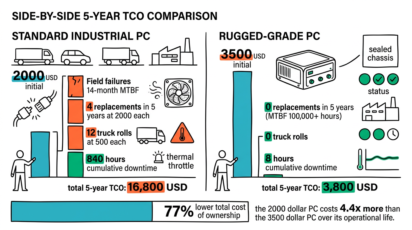 Total Cost of Ownership comparison between standard and rugged-grade industrial PCs over 5 years