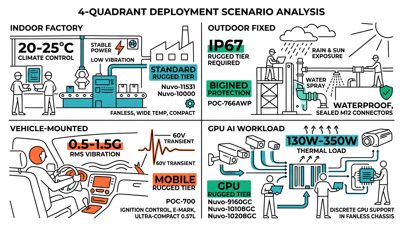 Decision matrix matching deployment environments to recommended rugged edge AI computer tiers