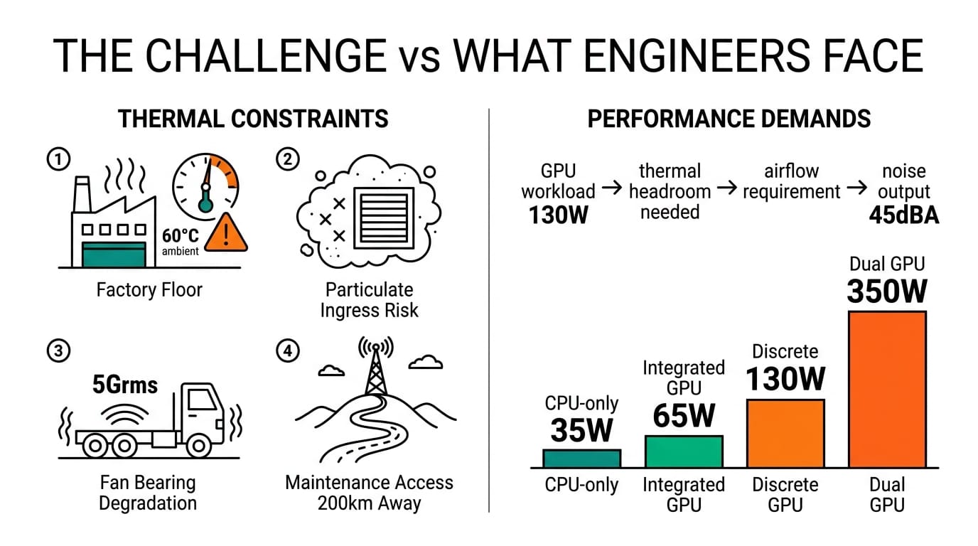Infographic showing thermal constraints and performance demands driving cooling architecture decisions in industrial edge computing