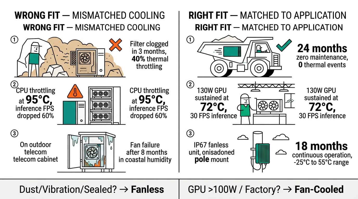 Before and after comparison showing deployment outcomes when matching cooling architecture to application requirements