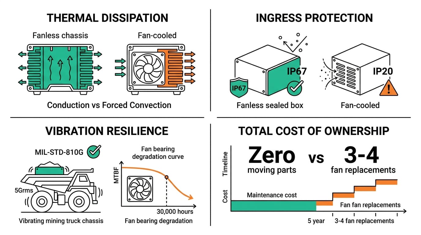 Four-quadrant comparison of fanless versus fan-cooled industrial PCs across thermal dissipation, ingress protection, vibration resilience, and total cost of ownership