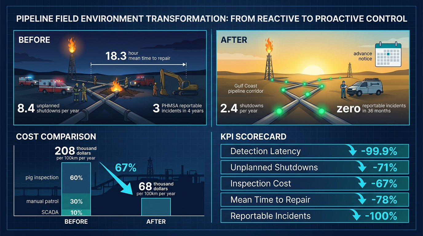 Before vs after pipeline AI deployment: 71% reduction in unplanned shutdowns, 67% cost reduction, 78% faster MTTR