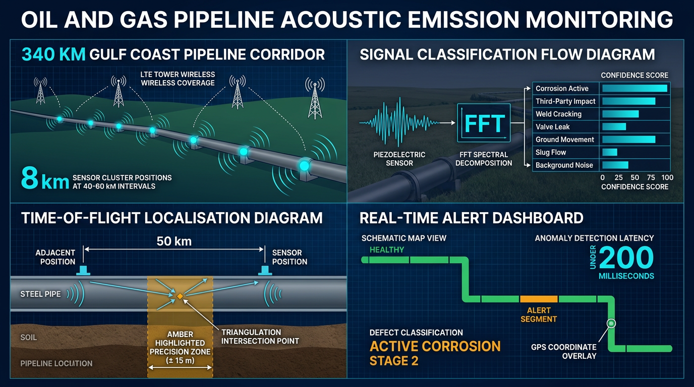 AI acoustic emission monitoring architecture: 8 sensor nodes across 340km, <200ms detection latency, ±15m anomaly localisation