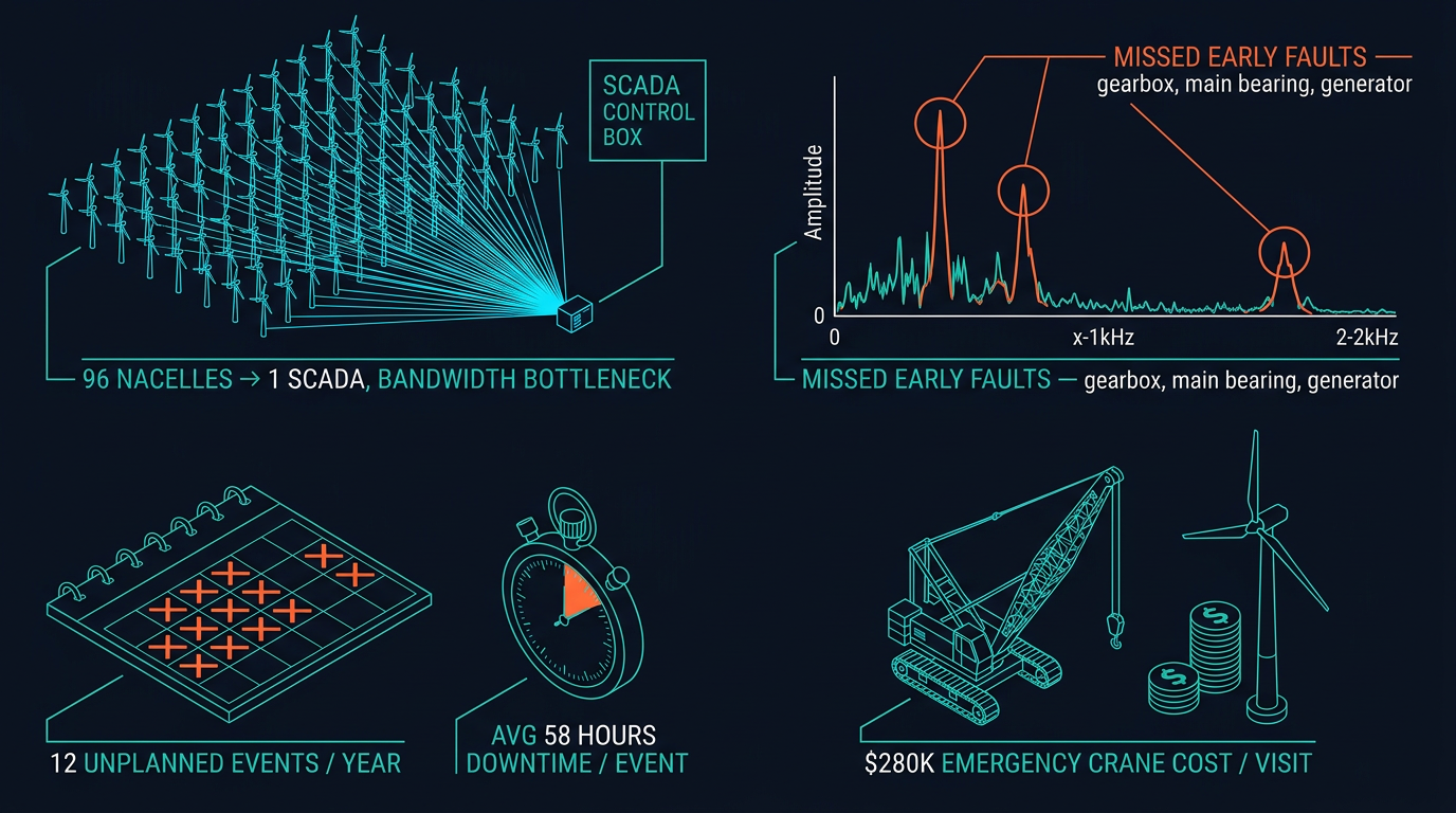 Why centralized SCADA misses early wind-turbine faults — bandwidth bottleneck, missed bearing/gearbox/generator signatures, 12 unplanned events per year, $280K crane mobilization