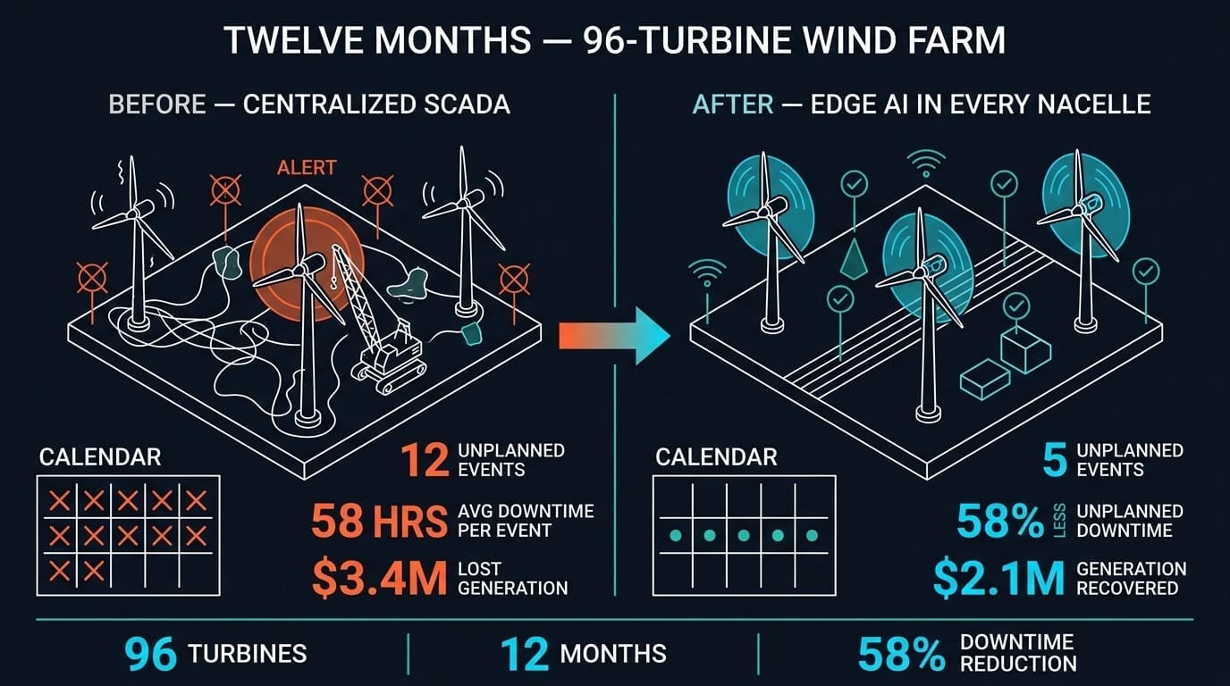 Wind farm before vs after edge AI: 58% reduction in unplanned downtime over 12 months