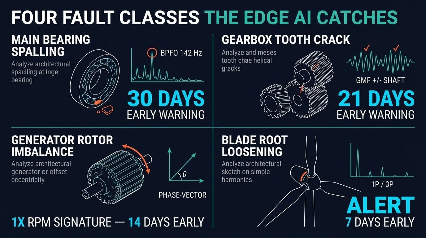 Four fault classes the in-nacelle edge AI vibration model catches early — main bearing spalling, gearbox tooth crack, generator rotor imbalance, blade root loosening