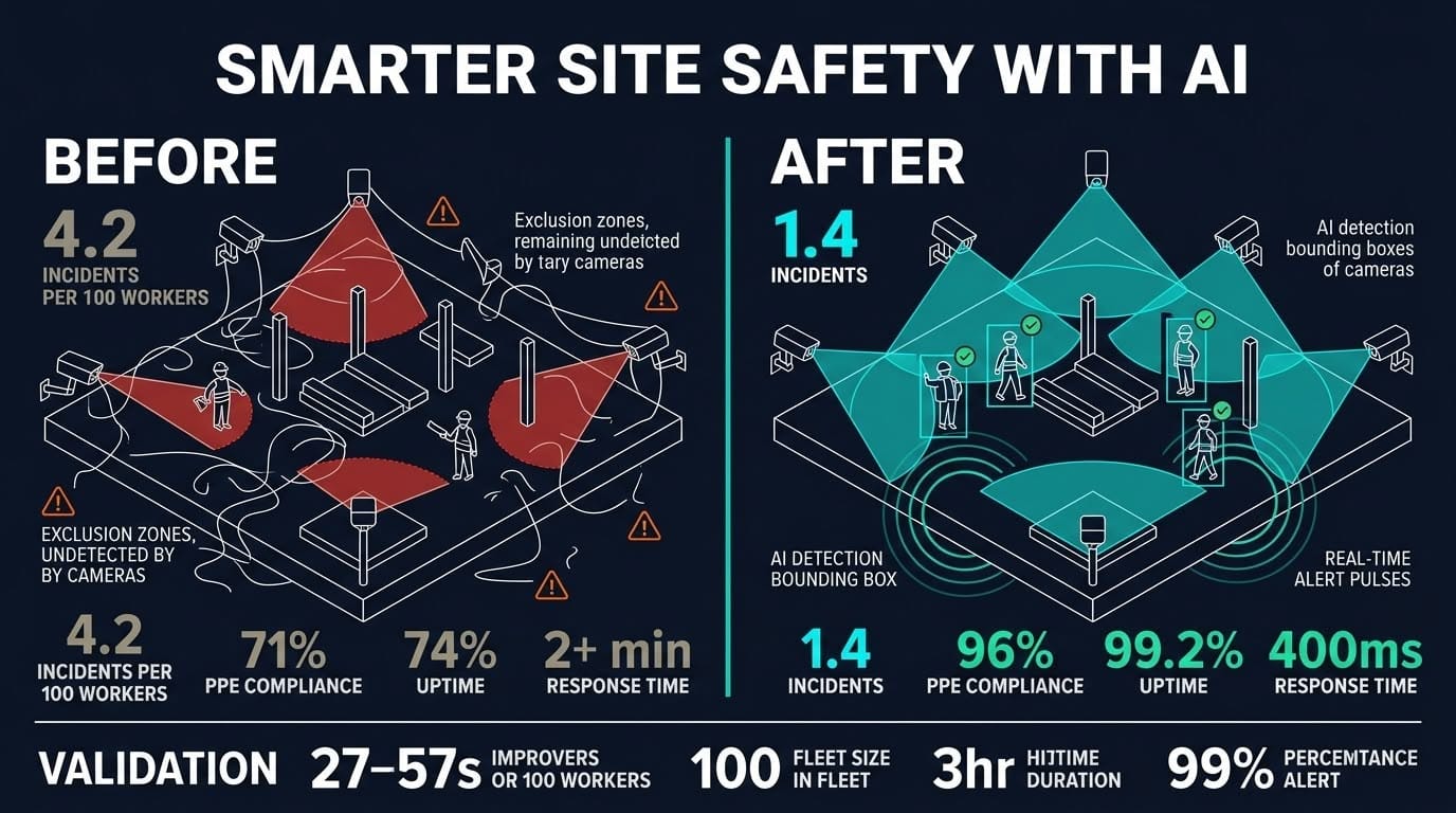Before and after deployment comparison: OSHA incidents, PPE compliance, uptime, and response time
