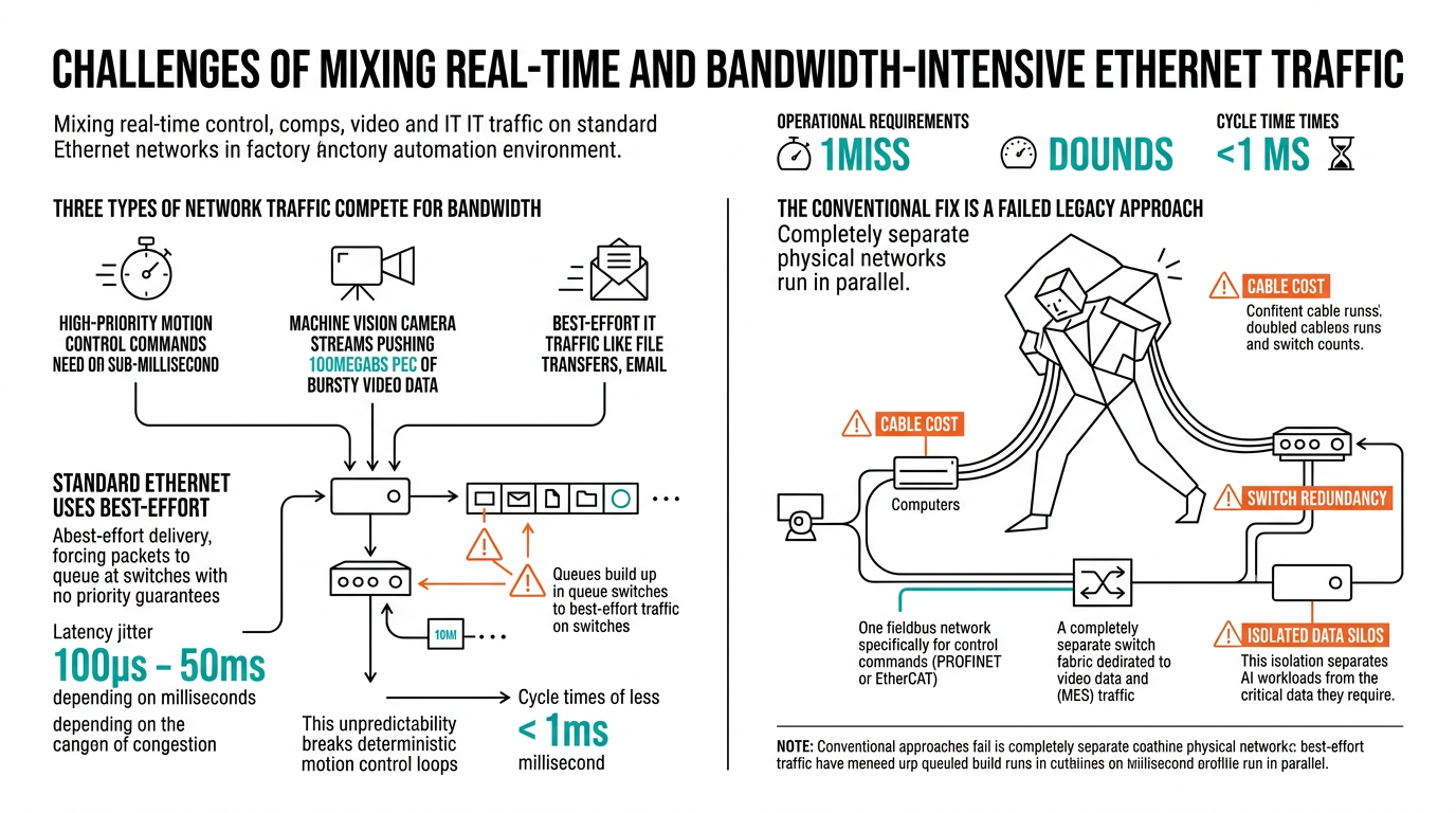 Why standard Ethernet fails for factory automation: motion control, vision streams, and IT traffic compete with no priority guarantees, forcing parallel networks