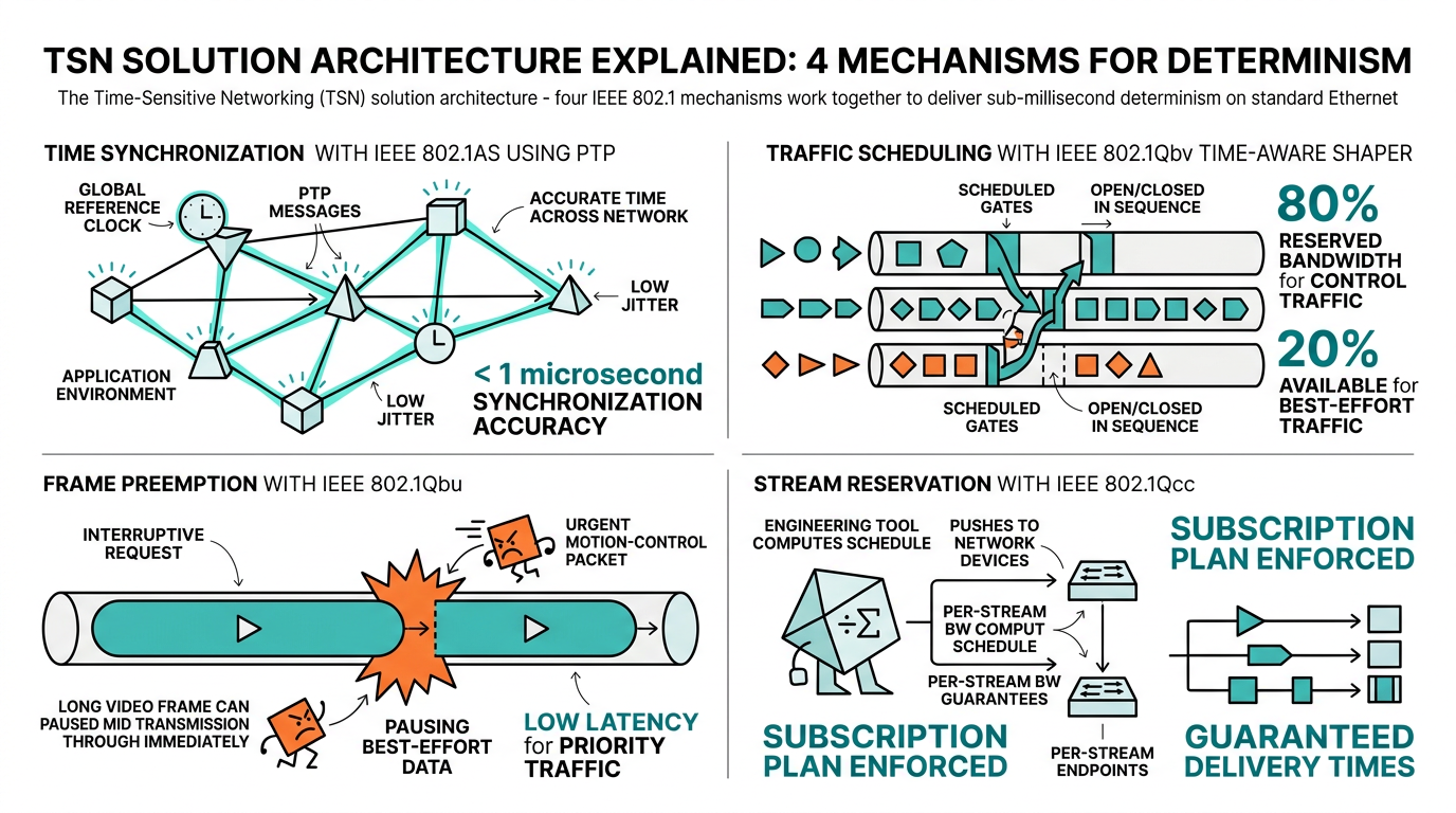 TSN architecture: four IEEE 802.1 mechanisms — time sync (802.1AS), traffic scheduling (802.1Qbv), frame preemption (802.1Qbu), and stream reservation (802.1Qcc)