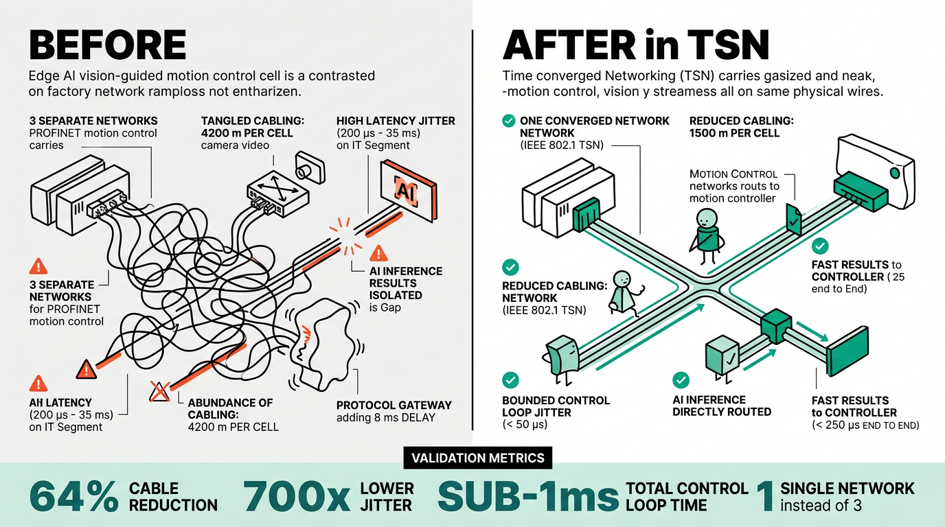 Before vs after factory network with TSN: cable runs reduced 64%, jitter cut 700x, sub-millisecond control loops on a single converged Ethernet
