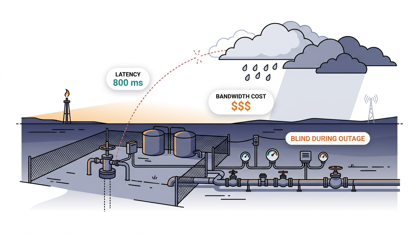 Infographic: why cloud-only remote monitoring fails — high latency, expensive backhaul, and zero visibility during cellular outages at remote pump stations and pipeline sites.