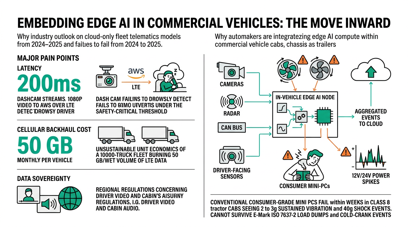 Infographic showing why cloud-only fleet telematics fails: latency, bandwidth cost, and consumer-grade PC failure modes.
