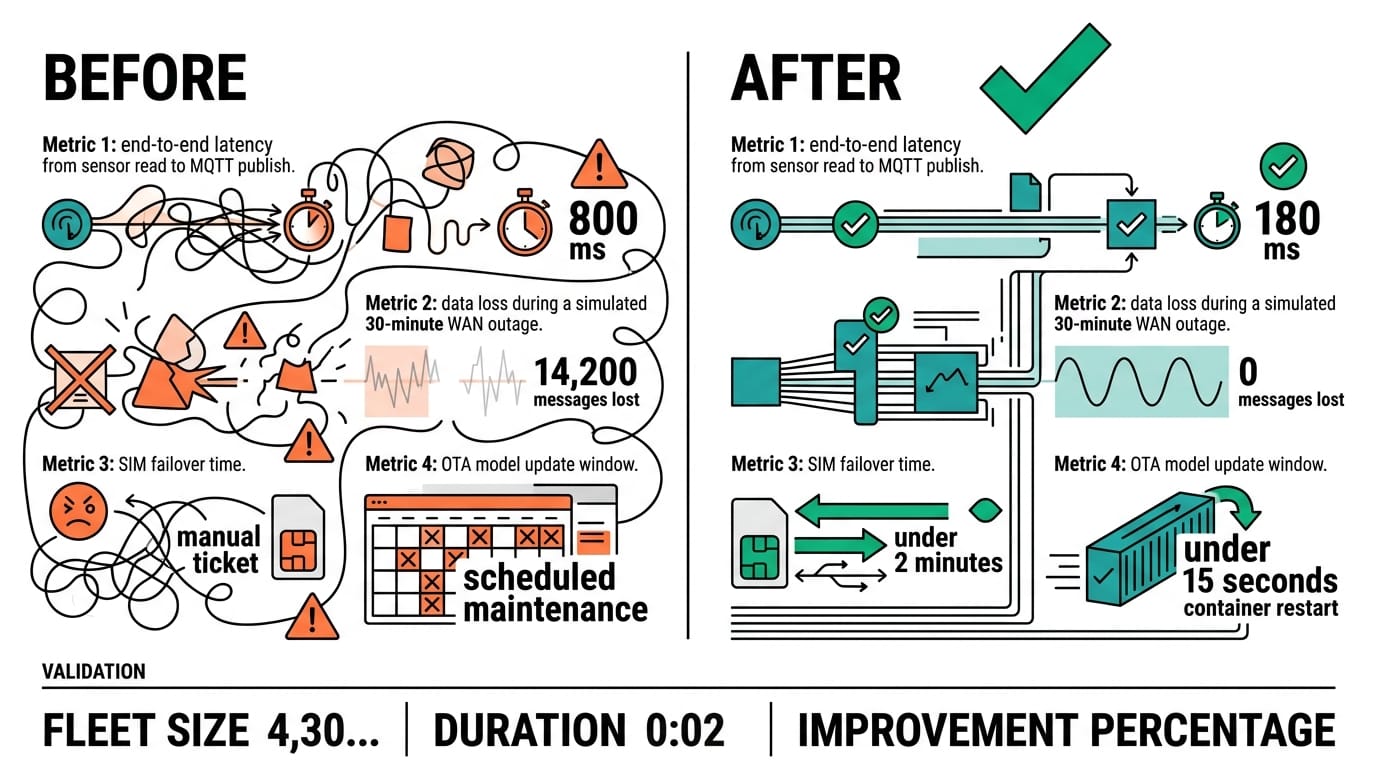 Before vs after infographic showing 72-hour soak test results: latency drops from 800 ms to 180 ms, zero messages lost during a 30-minute WAN outage, sub-2-minute SIM failover, and 15-second OTA model updates.