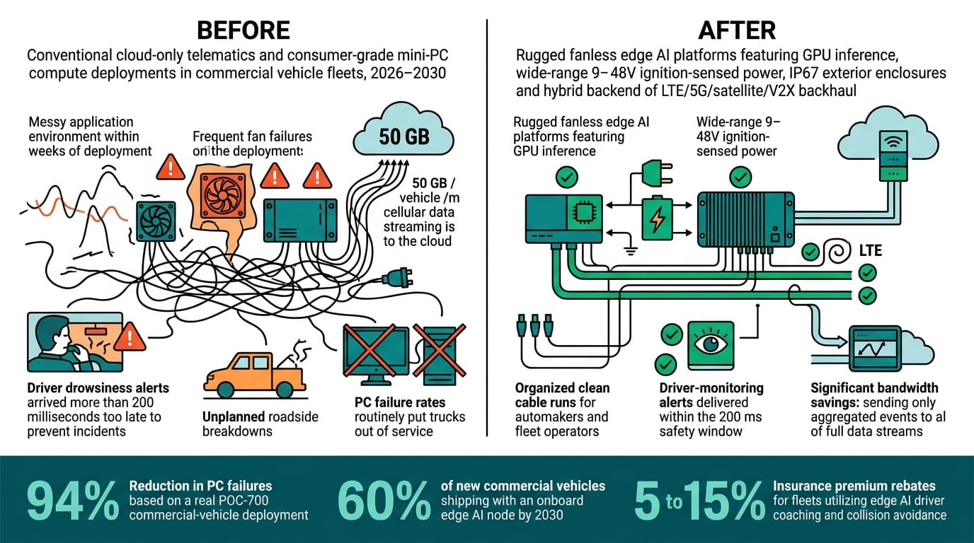 Before vs after infographic comparing consumer mini-PC deployments against rugged fanless edge AI platforms in fleet vehicles.