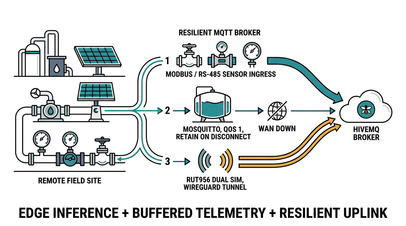 Architecture infographic: edge inference, local MQTT broker with QoS 1 and retain-on-disconnect, and dual-SIM cellular failover form a resilient remote-monitoring data path.
