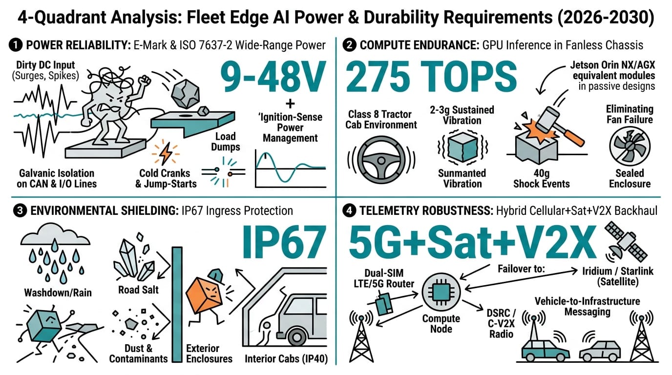 Four-quadrant infographic on edge AI hardware requirements for commercial vehicles: wide-range power, fanless GPU, IP67, hybrid backhaul.