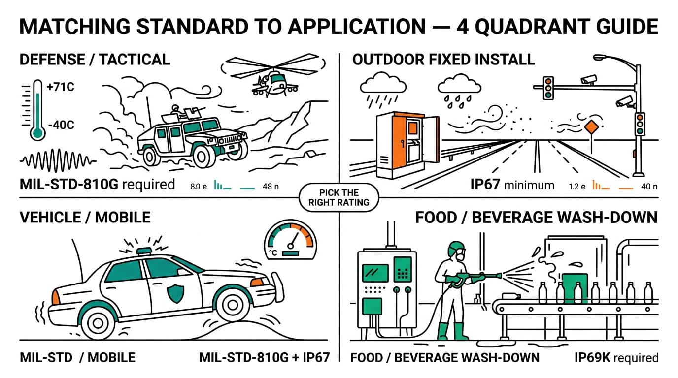 Matching MIL-STD-810G, IP67, IP69K to application — 4 quadrant guide