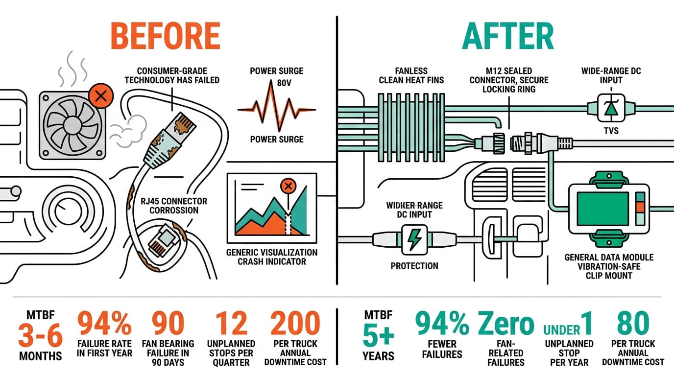 Before vs after comparison of vehicle computing reliability with fanless rugged PCs