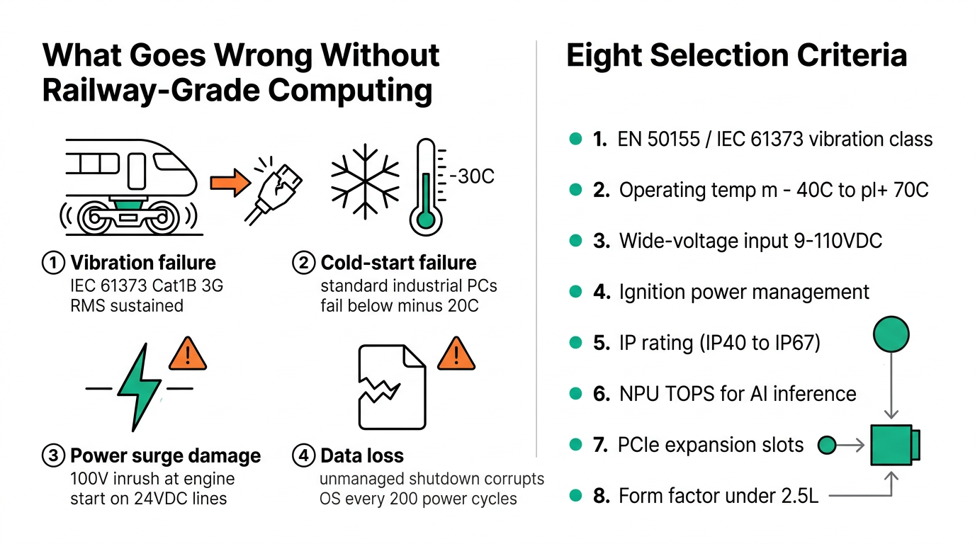 What goes wrong without railway-grade computing — 8 selection criteria including EN 50155 and IEC 61373