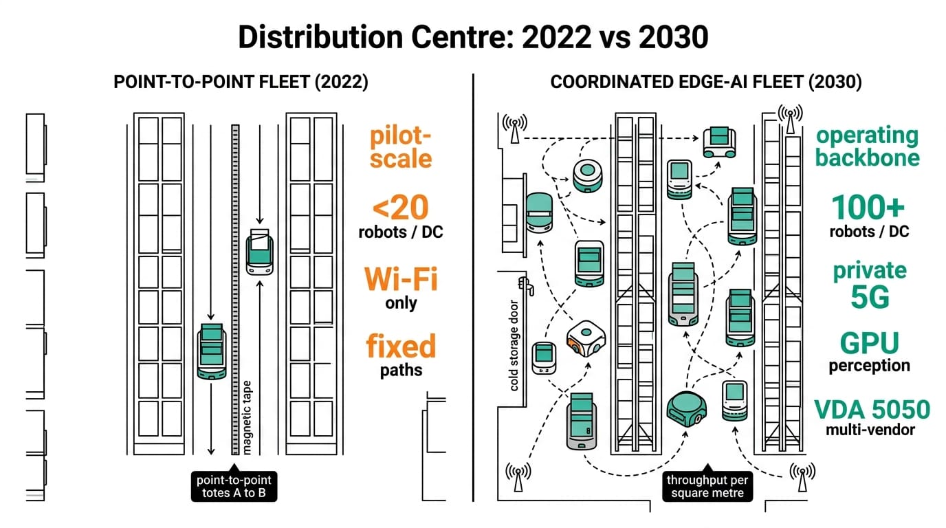 Distribution centre before and after edge AI AMR fleet