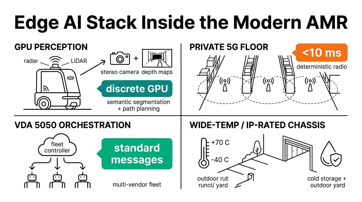 Edge AI architecture inside a modern warehouse AMR
