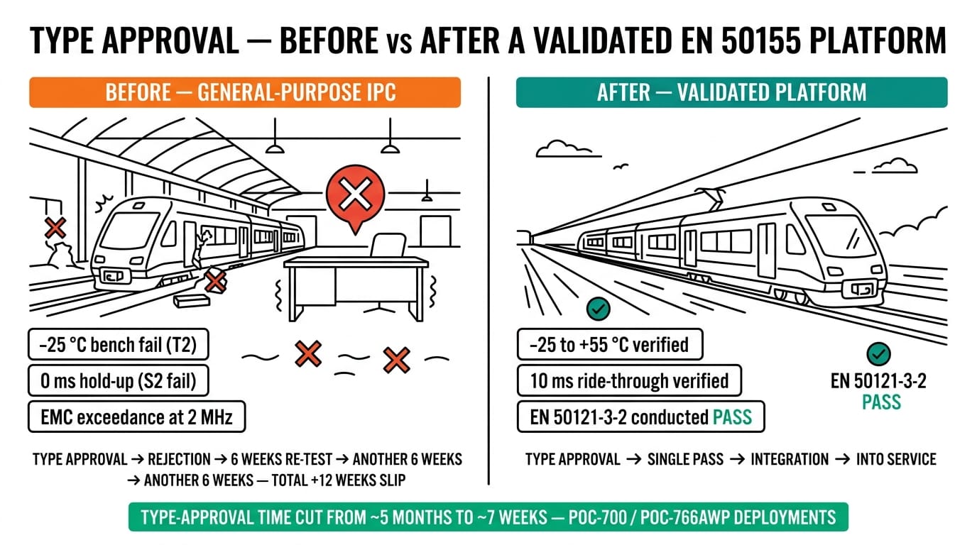 Type approval timeline before vs after a validated EN 50155 platform