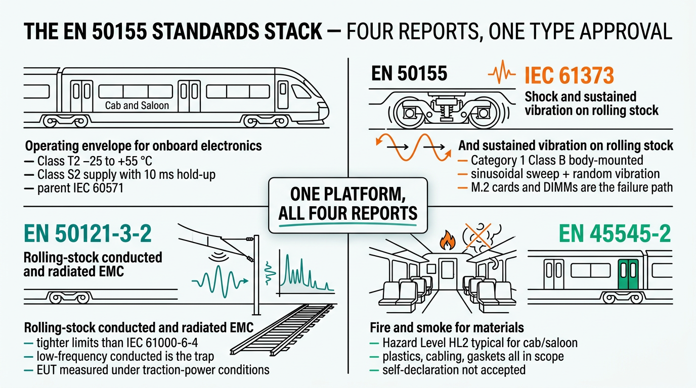 EN 50155 standards stack — four reports for one type approval