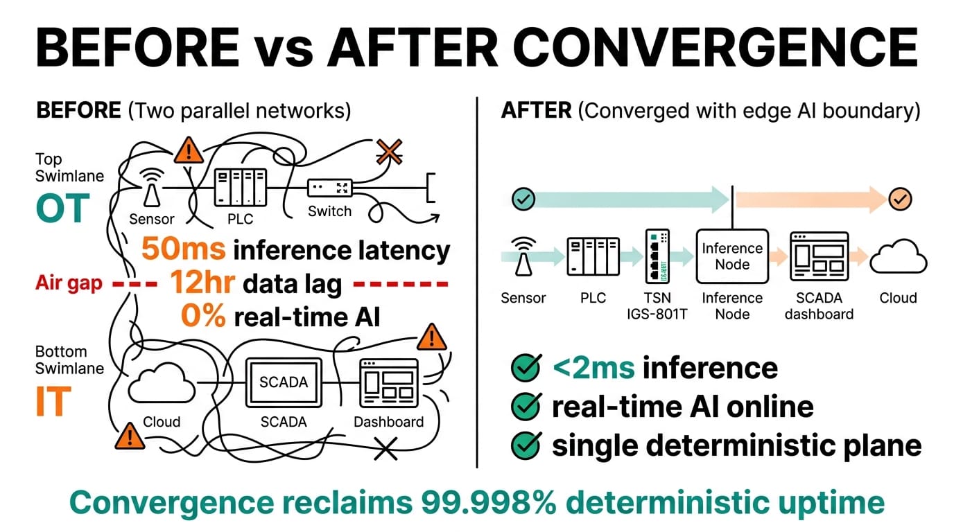 Before vs after converged IT/OT network for edge AI