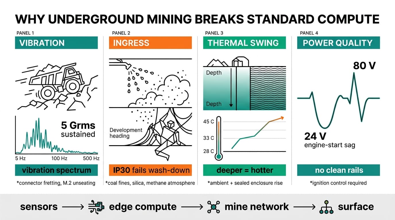 Why underground mining breaks standard edge computers — four hazards: vibration, ingress, thermal swing, power quality