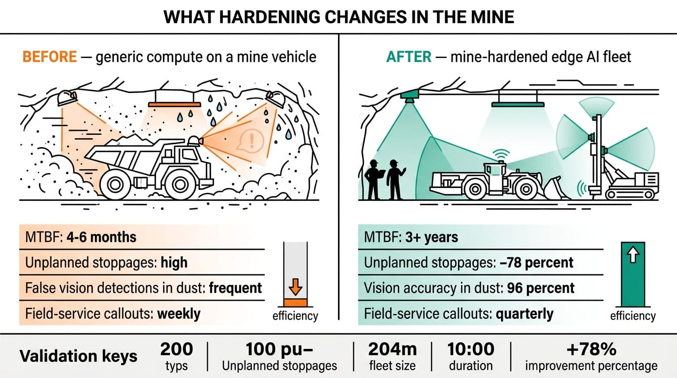 Before vs after — generic compute on a mine vehicle compared with a mine-hardened edge AI fleet