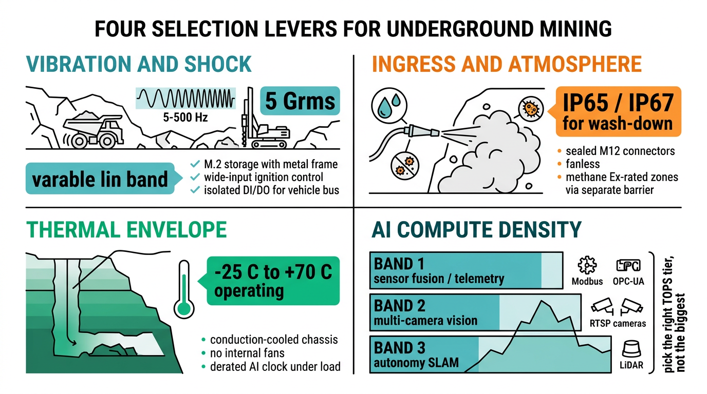 Four selection levers for mine-hardened edge AI: vibration and shock, ingress and atmosphere, thermal envelope, AI compute density