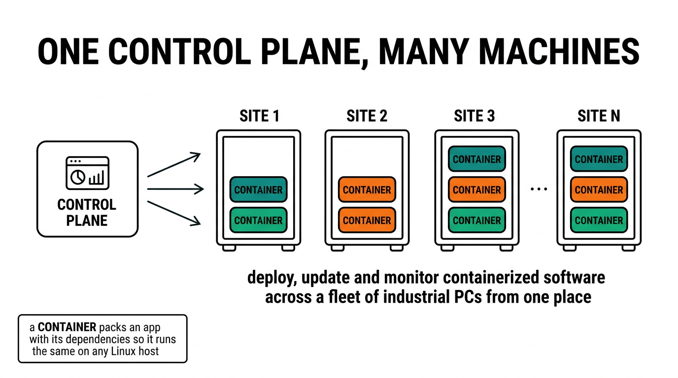 Edge orchestration concept: one control plane deploys, updates and monitors containerized software across a fleet of industrial PCs at many sites.