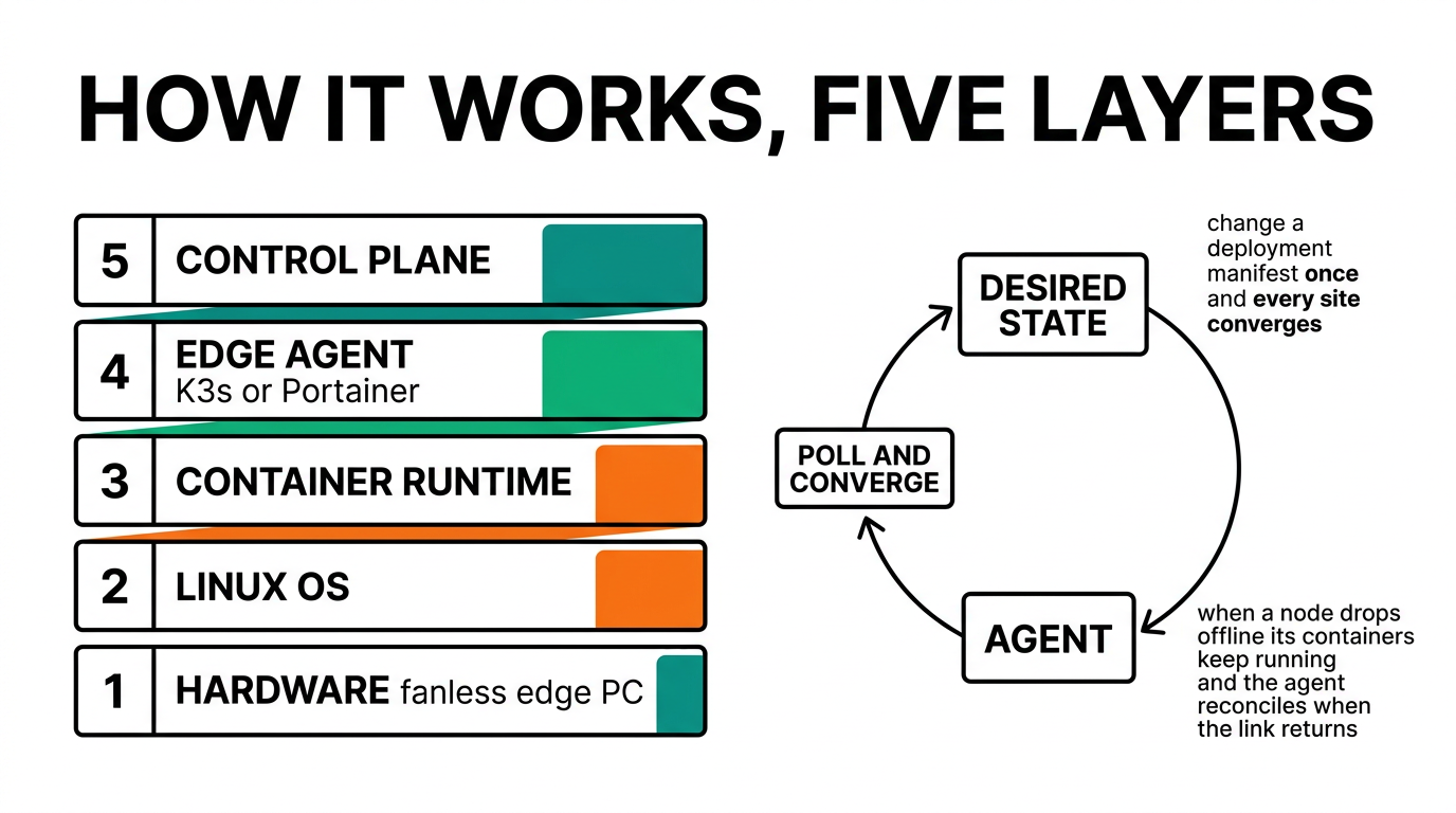 Five-layer edge orchestration stack from hardware up to the control plane, with a reconcile loop: agents poll the control plane for desired state and converge after a node comes back online.