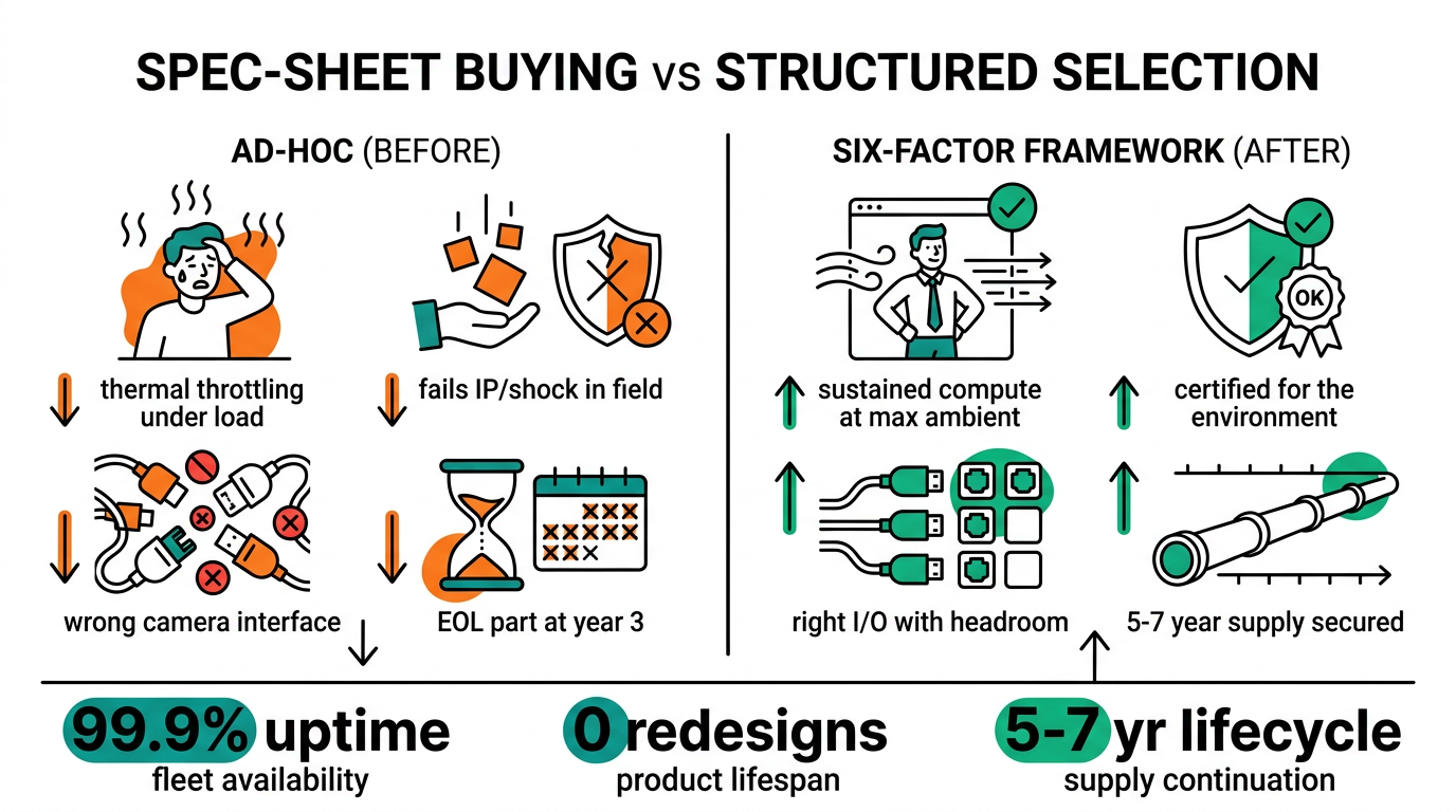 Spec-sheet buying versus structured six-factor selection of an industrial edge AI computer