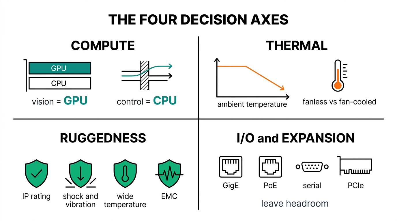 The four decision axes: compute, thermal, ruggedness, and I/O for industrial edge AI computers