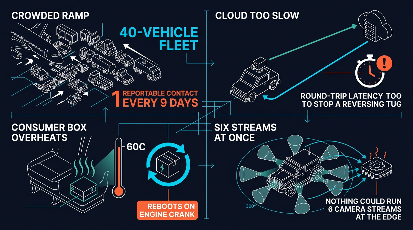 Why airport ramp collision avoidance kept failing: a contact every 9 days on a crowded apron, cloud too slow, consumer box overheating, no box able to run six camera streams at the edge