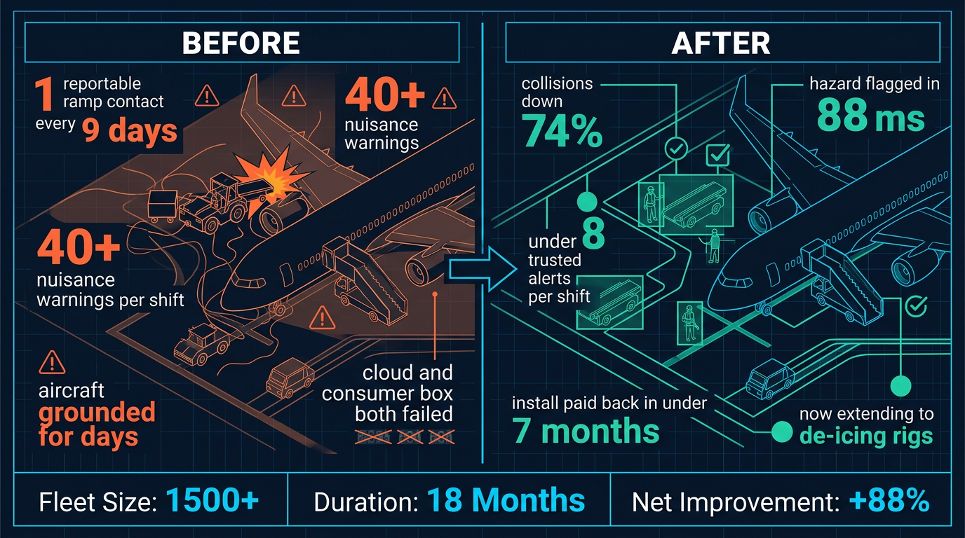 Airport ramp safety before and after NRU-220 edge AI: collisions down 74 percent, hazards flagged in 88 ms, trusted alerts under 8 per shift, payback under 7 months