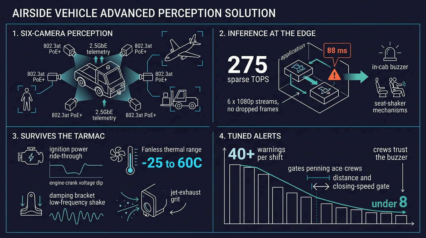 How the NRU-220 fixed it: six-camera PoE perception, 275 sparse TOPS edge inference at 88 ms, fanless ruggedization for the tarmac, tuned distance and closing-speed alerts