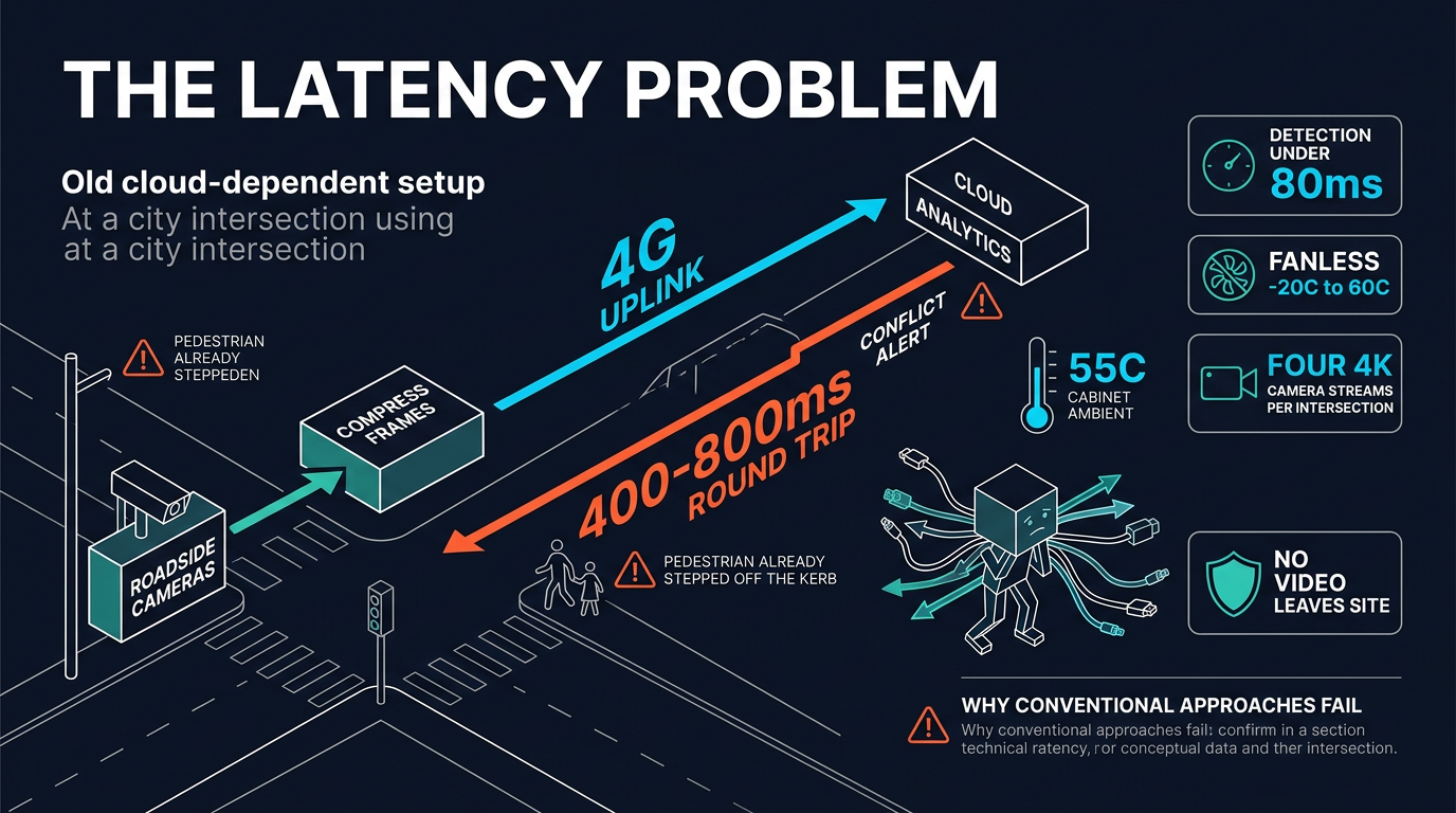 Diagram of the cloud-roundtrip latency problem at a city intersection: 400 to 800 ms detection delay versus requirements for sub-80 ms local inference, fanless operation and four 4K camera streams.