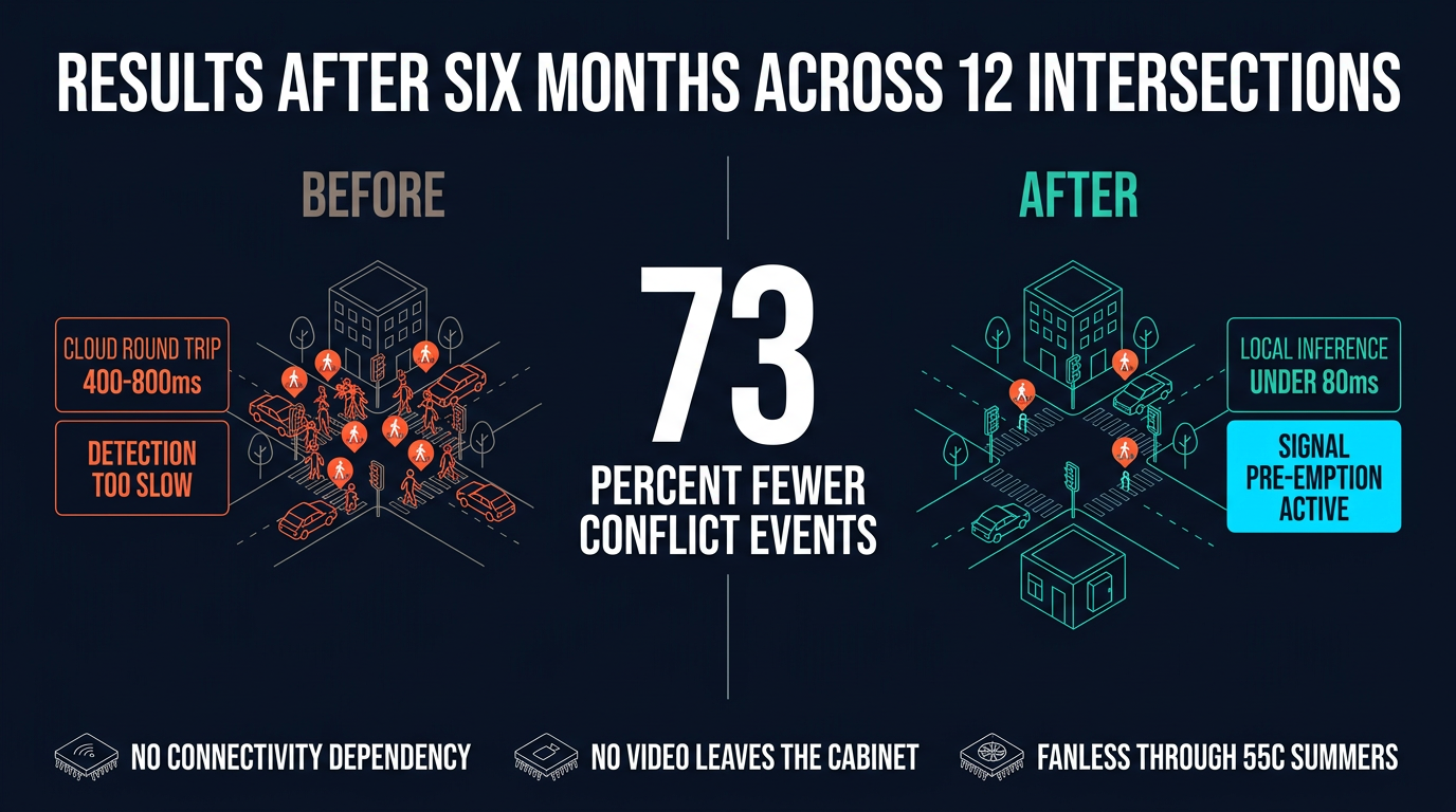 Before and after results across 12 intersections over six months: 73 percent fewer pedestrian-vehicle conflict events after switching from cloud roundtrip to local sub-80 ms inference.
