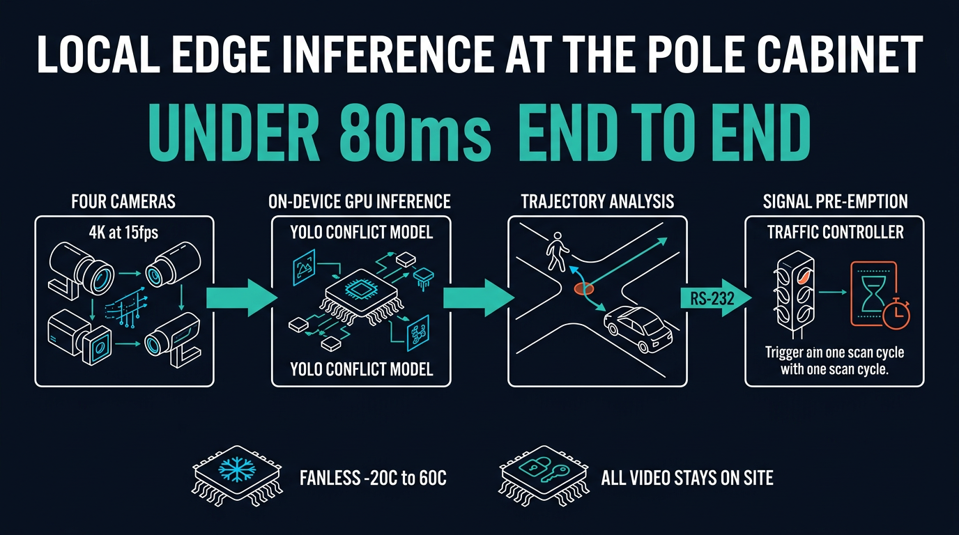 Local edge inference pipeline at the pole cabinet: four 4K cameras to on-device GPU YOLO conflict model to trajectory analysis to RS-232 signal pre-emption, under 80 ms end to end, fanless, all video stays on site.