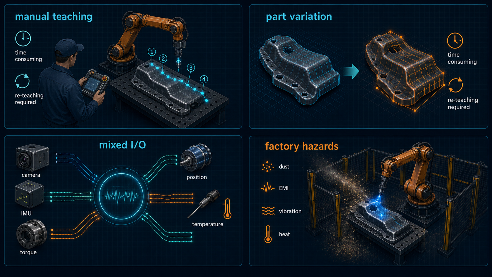 Problem infographic: manual teaching bottlenecks in robotic arm path planning