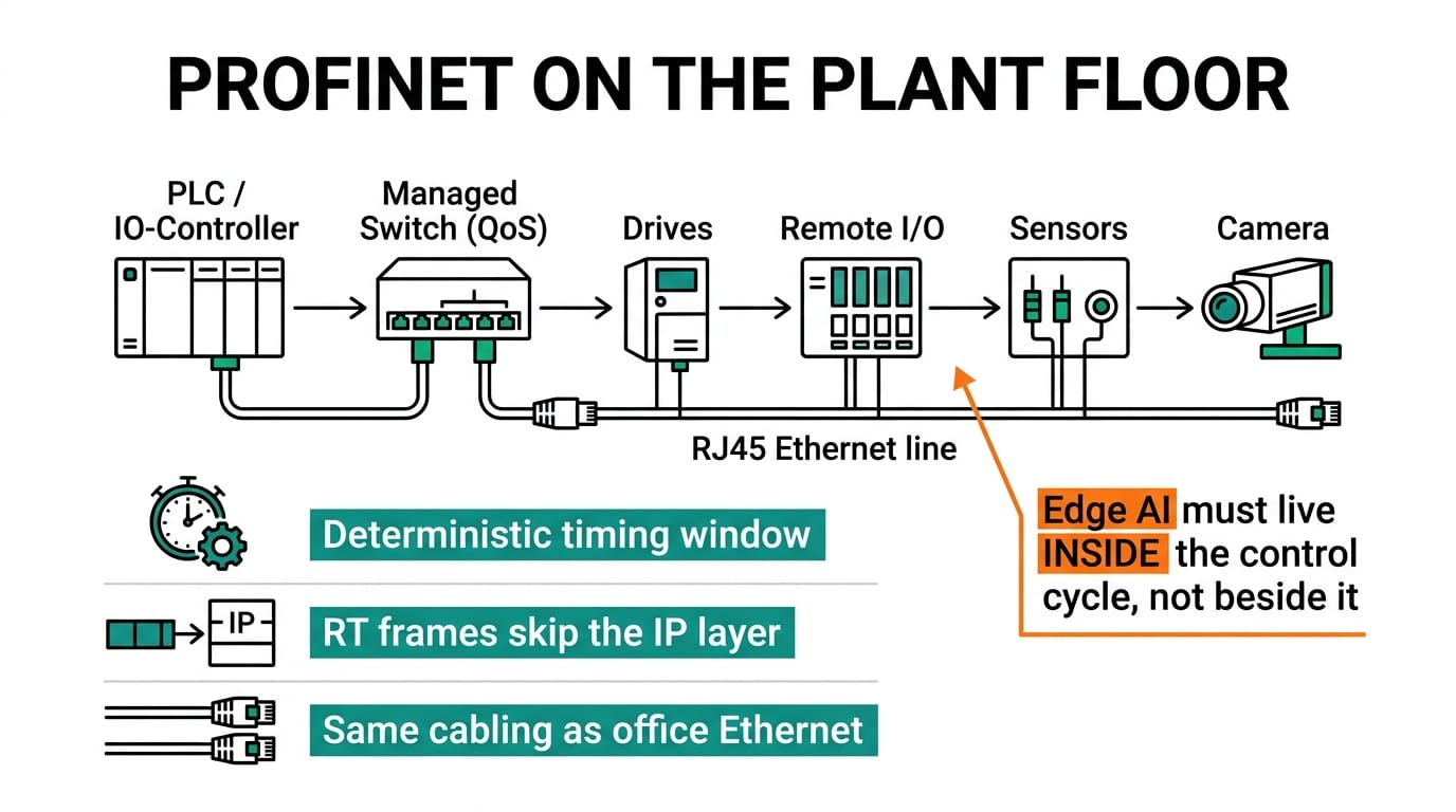 PROFINET on the plant floor: PLC, managed switch, drives, remote I/O, sensors and camera over one RJ45 line