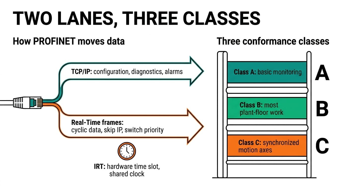 How PROFINET moves data: two lanes (TCP/IP and Real-Time frames) and three conformance classes A, B, C