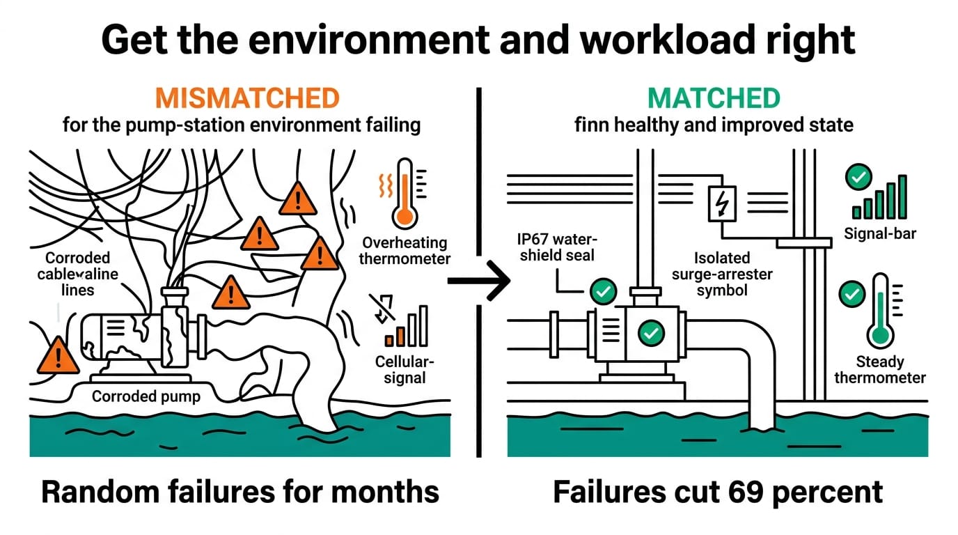 Before and after: a mismatched box fails randomly while a matched sealed node cuts failures 69 percent
