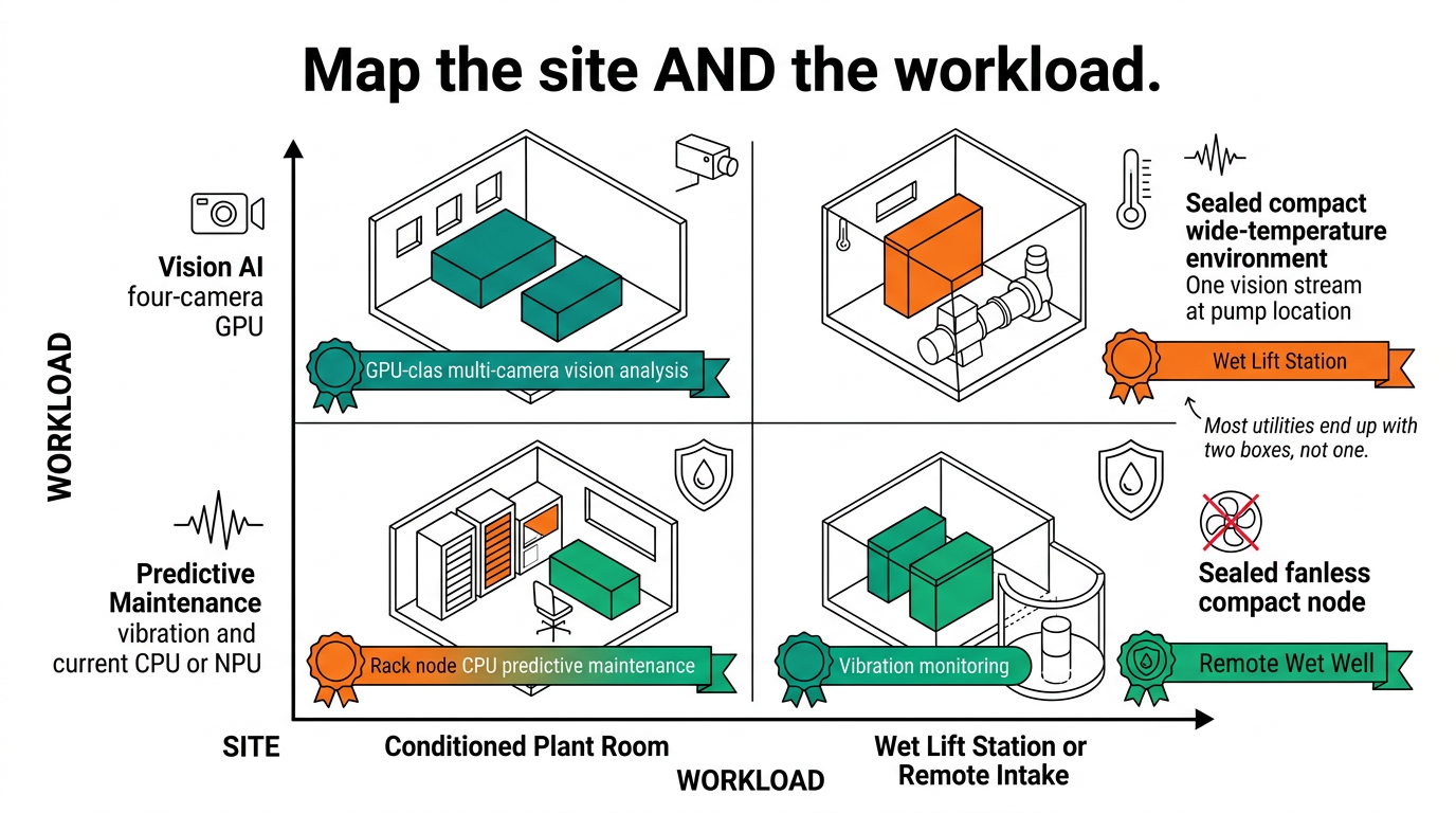 Decision matrix mapping deployment site and workload to the right edge AI platform