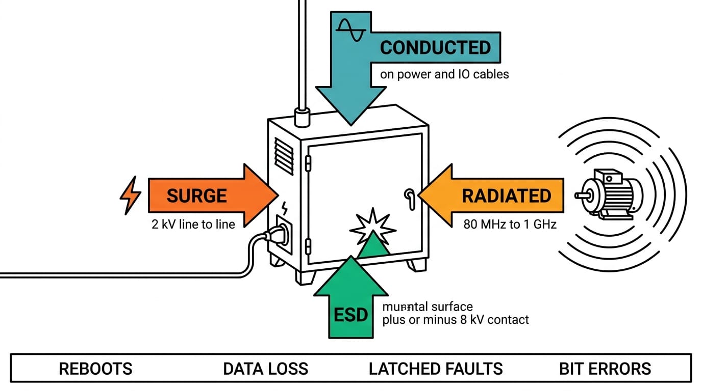 How EMC interference reaches an industrial enclosure through conducted, radiated, ESD and surge paths