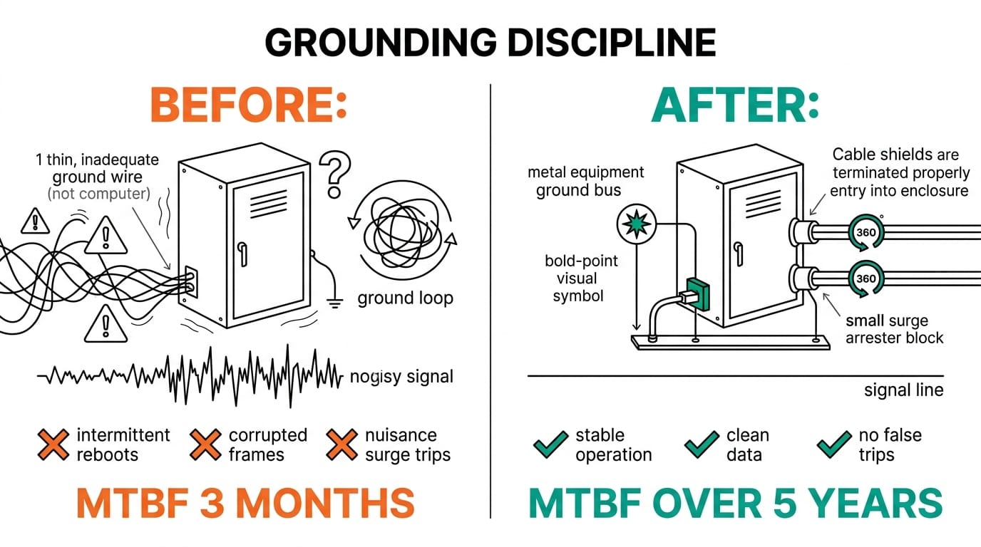 Grounding discipline before and after: floating enclosure vs bonded ground bus