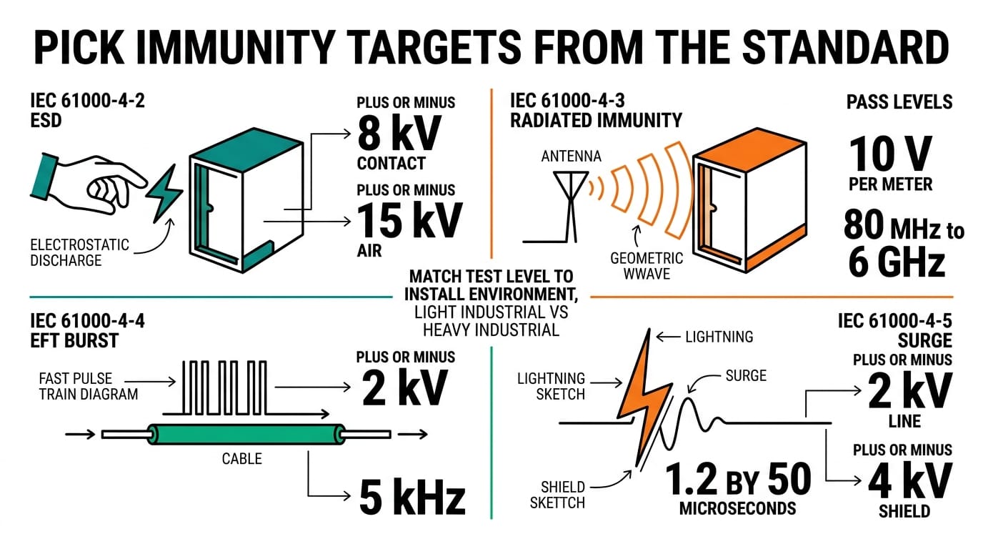 IEC 61000 immunity test targets for ESD, radiated immunity, EFT burst and surge