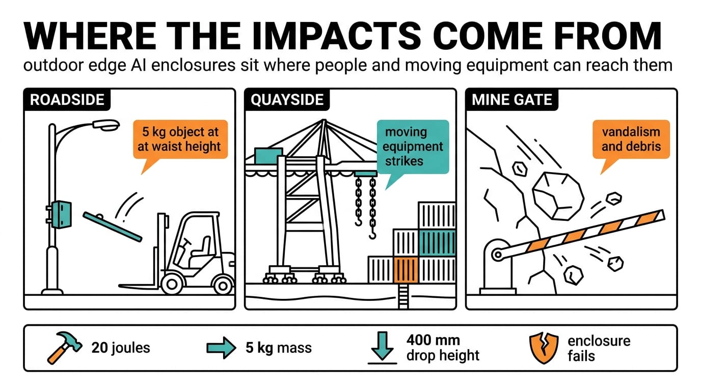 Where outdoor edge AI impact threats come from: roadside, quayside crane, and mine gate scenarios with IK impact metrics